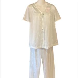 Vintage Lorraine Ice Blue Two Piece Pajama Set NWT white floral pearl trim-Small